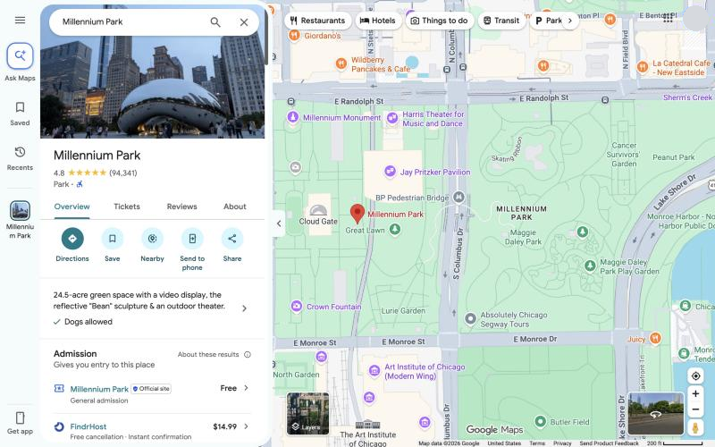 A place card for Millennium Park showing its photo, rating, tabs, and the Directions, Save, Nearby, Send to phone, and Share buttons