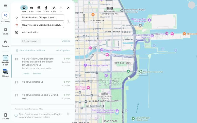 The directions panel for a trip from Millennium Park to Navy Pier, with travel modes at the top and three route choices below