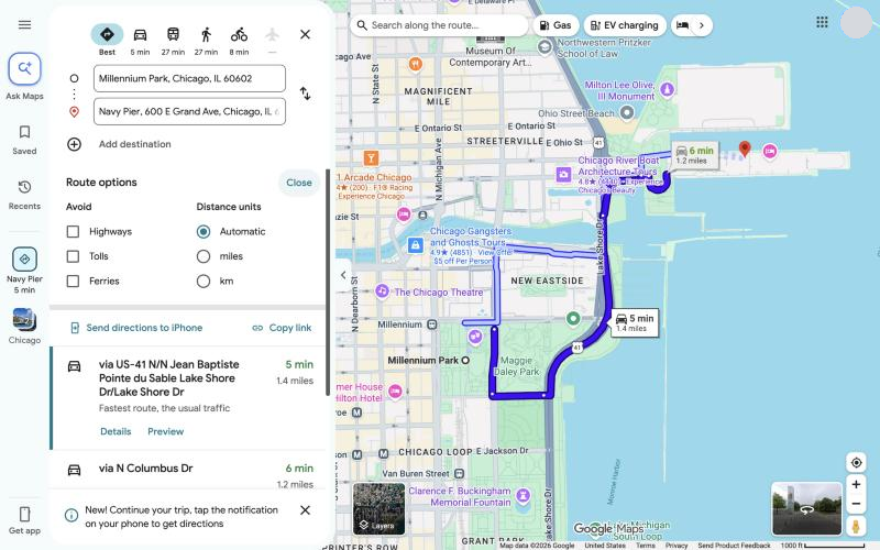 The Route options panel with Avoid checkboxes for Highways, Tolls, and Ferries, and Distance units choices