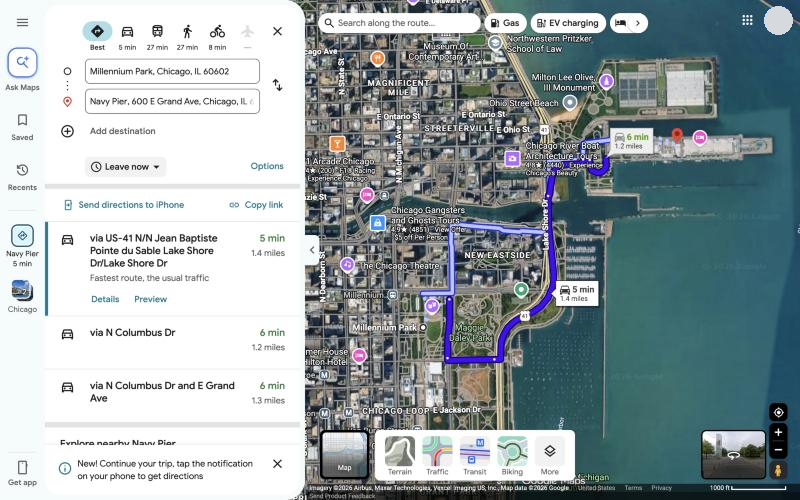 The layers menu above the layers button, listing Terrain, Traffic, Transit, Biking, and More, with the satellite view turned on