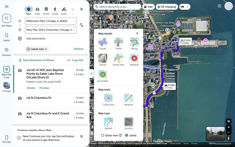 The Map details panel with layer buttons, Map tools, Map type choices, and the Globe view and Labels checkboxes