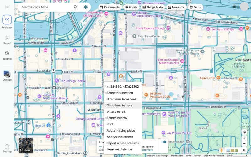 The right-click menu on the map, with the coordinates at the top and options such as Directions from here and Measure distance