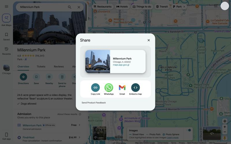 The Share dialog with a link preview and the buttons Copy Link, WhatsApp, Gmail, and Embed a map